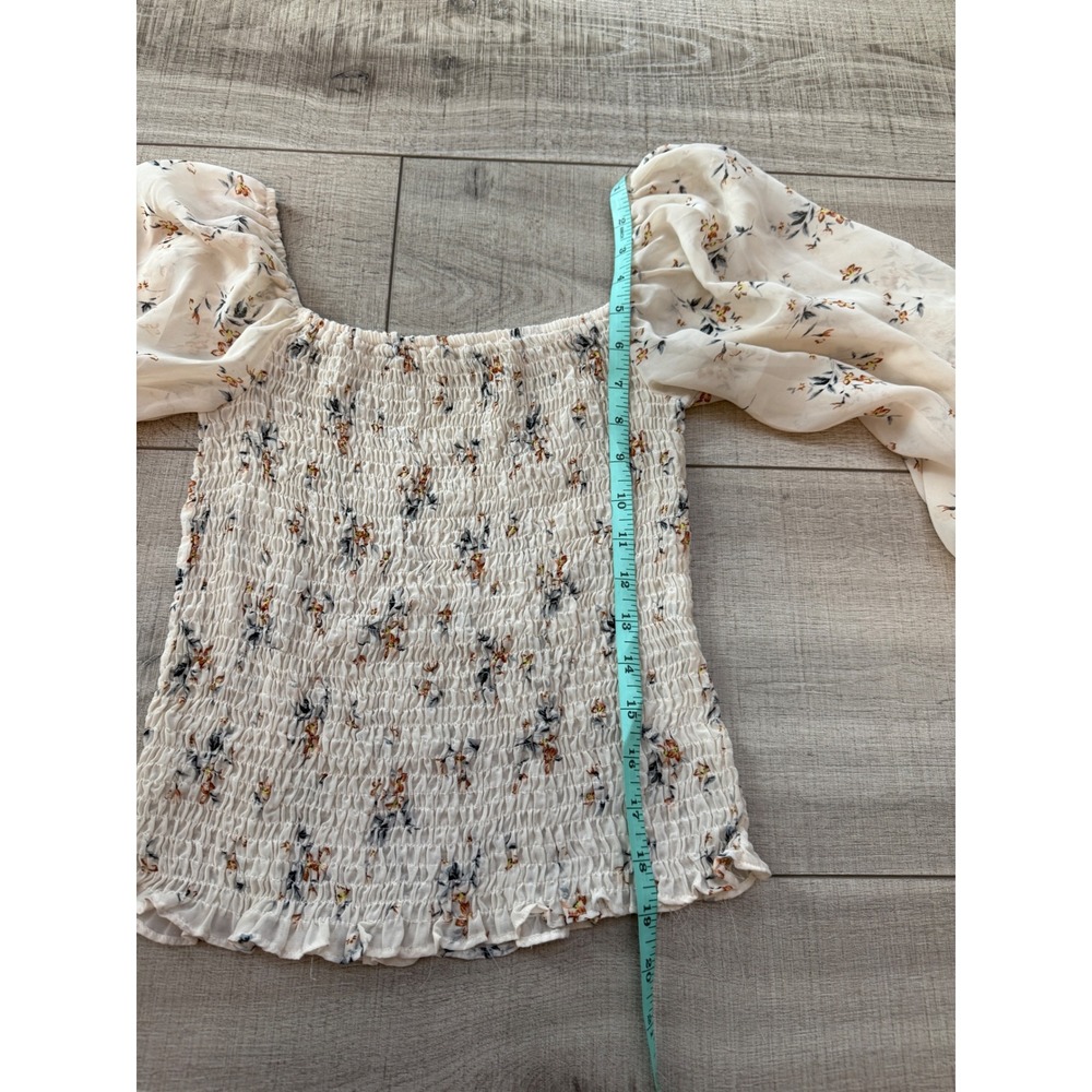 Floral Smocked Square Neck Top Sheer Balloon Sleeve Cream - M - Picture 4 of 4